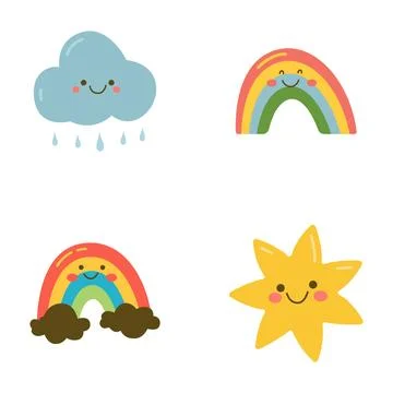 Set of Cute Rain Cloud Rainbow Star Sun Cartoon Character in the Sky Stockillustratie
