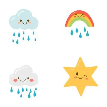 Set of Cute Rain Cloud Rainbow Star Sun Cartoon Character in the Sky 스톡 일러스트