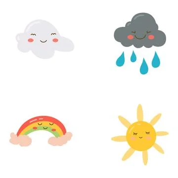 Set of Cute Rain Cloud Rainbow Sun Cartoon Character in the Sky 스톡 일러스트