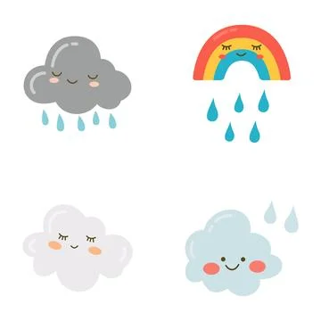 Set of Cute Rain Cloud Rainbow Cartoon Character in the Sky イラスト素材