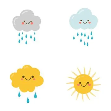 Set of Cute Rain Cloud Sun Cartoon Character in the Sky Illustrazione stock