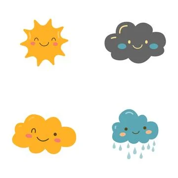 Set of Cute Rain Cloud Sun Cartoon Character in the Sky 스톡 일러스트