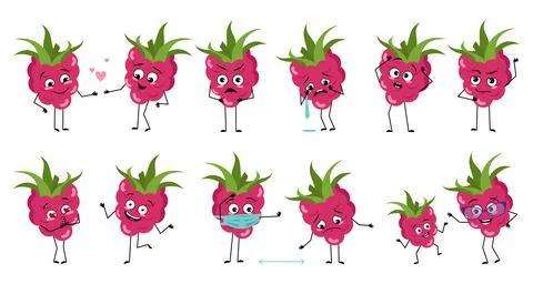 Set of cute raspberry characters with emotions Stock Illustration
