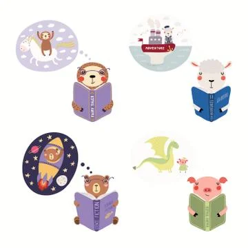 Set of cute reading animals 스톡 일러스트