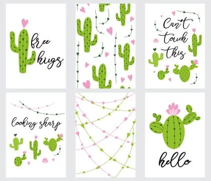 Set cute ready-to-use gift tags with cactus Printable collection of hand draw Stock-Illustration