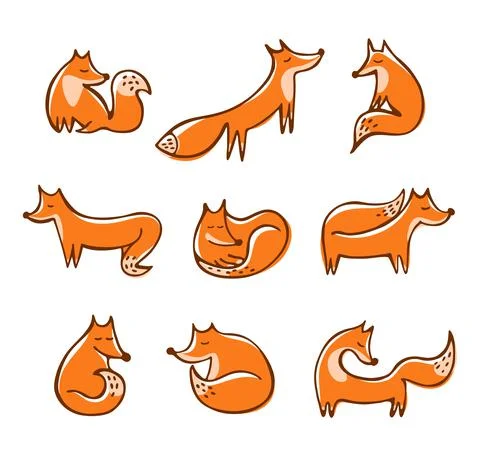 Set of cute red doodle foxes in various poses Stock Illustration