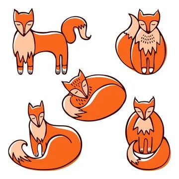 Set of cute red doodle foxes in various poses Illustrazione stock