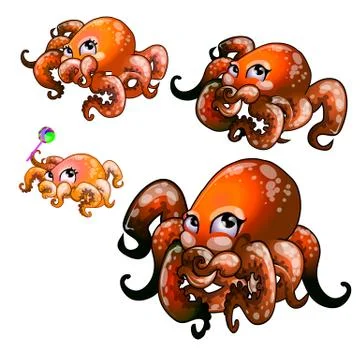 Set of cute red octopus isolated on white background. Vector cartoon close-up Stock Illustration