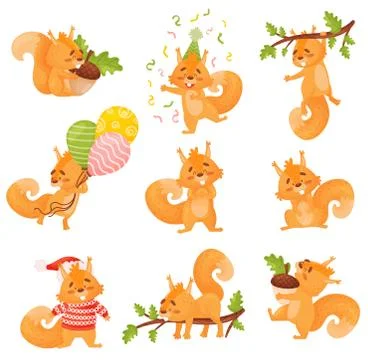 Set Of Cute Red Squirrel In Different Actions. Isolated cartoon Vector Stock Illustration