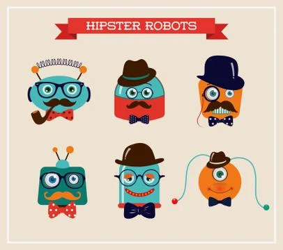Set of cute retro hipster robots heads Stock Illustration