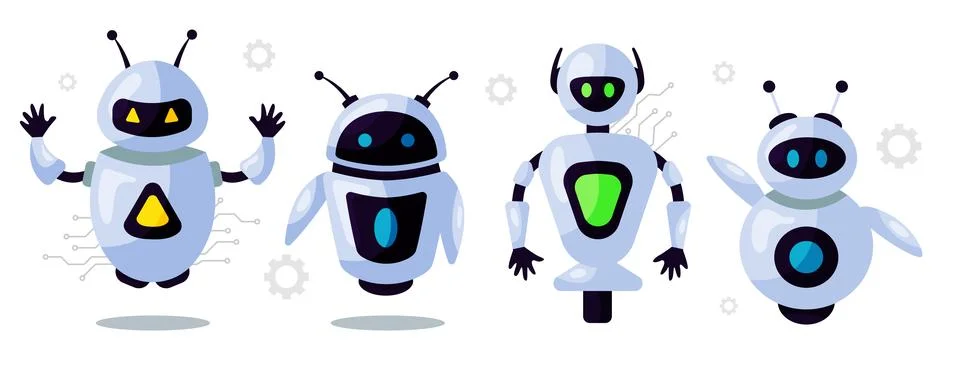 Set of cute robots, chatbots, AI bots characters design vector. Stock Illustration
