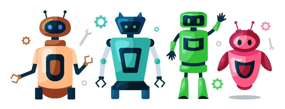 Set of cute robots, chatbots, AI bots characters design vector. Stock Illustration
