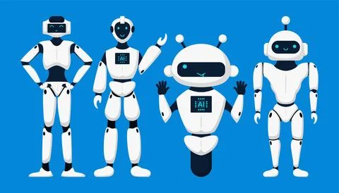 Set of cute robots, chatbots, AI bots characters design vector. Stock Illustration