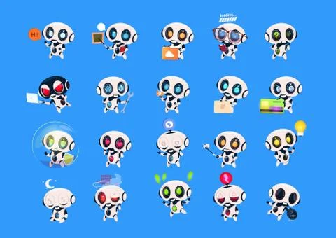 Set Of Cute Robots Icons Isolated On Blue Background Modern Technology Illustrazione stock