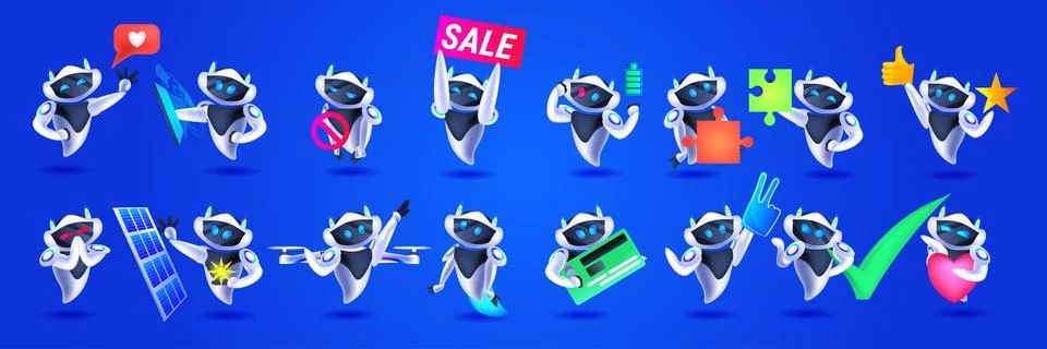 Set cute robots modern robotic characters collection artificial intelligence 스톡 일러스트