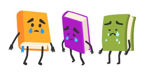 Set of Cute Sad or Crying Books Carton Character Set Collection, Cute Carto.. Stock Illustration