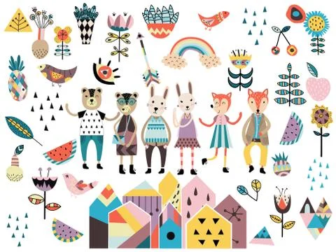 Set of cute scandinavian style elements and animals. Stock Illustration