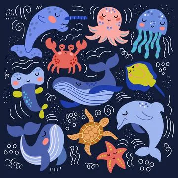 Set of cute sea animals in vector graphics on a blue background. For the design Illustrazione stock
