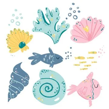 Set with cute sea fish and creatures. Cartoon illustration with underwater Stock Illustration