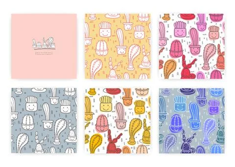 Set of cute seamless cactus pattern background. Vector illustrations for gift Stock Illustration