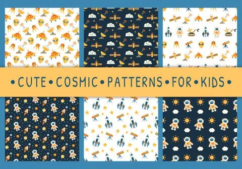 Set of cute seamless cosmic patterns for kids Stock Illustration