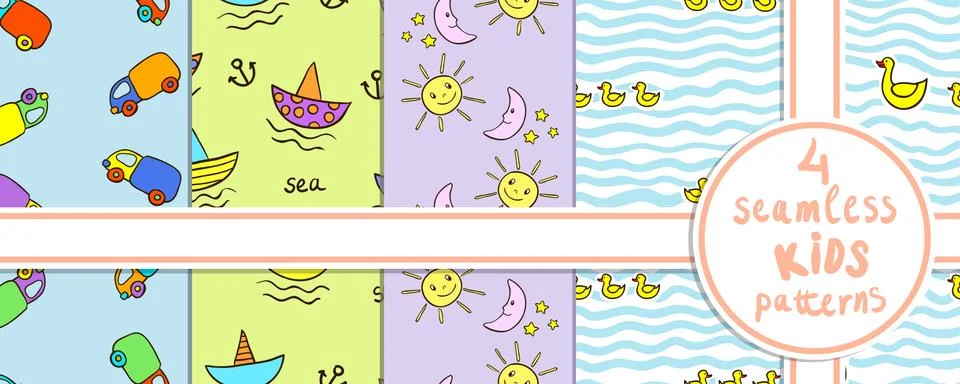 Set of cute seamless kids patterns with funny cartoons. Stock Illustration