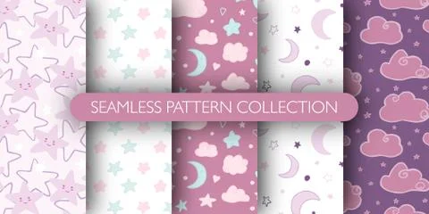 Set of cute seamless pattern for baby. Stars, cloud, moon pattern collection. イラスト素材