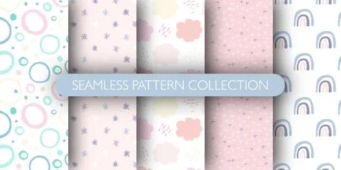 Set of cute seamless pattern for baby. Rainbow, circle, cloud, stars pattern  Stock Illustration