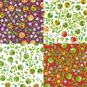 Set of cute seamless pattern with cartoon emoji fruits Иллюстрация