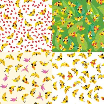 Set of cute seamless pattern with cartoon emoji fruits Stock Illustration