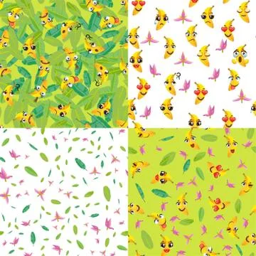 Set of cute seamless pattern with cartoon emoji fruits 스톡 일러스트