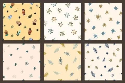 Set of cute seamless patterns with stars, pine branches and mittens in doodle Stock Illustration