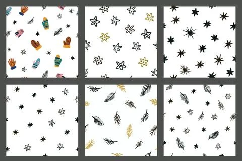 Set of cute seamless patterns with stars, pine branches and mittens in doodle Stock Illustration