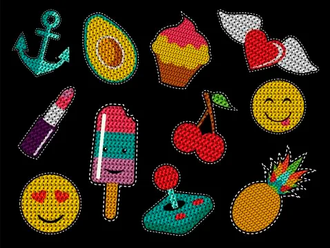 Set of cute sequin pop art retro patch icons Stock Illustration