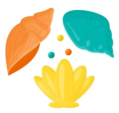 A set of cute shells with a pearl. Collection of colorful sea inhabitants Stock Illustration