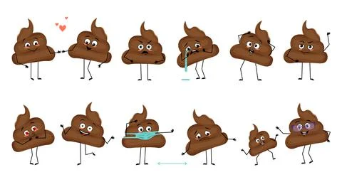 Set of cute shit characters with emotions, face, hands and feet. Smiling or sad Illustrazione stock