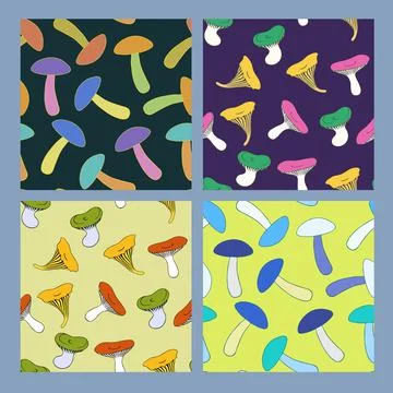 Set of cute simple minimalistic patterns with colorful funny mushrooms. 스톡 일러스트
