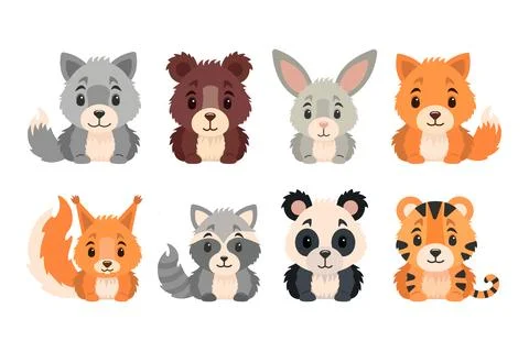 Set of cute sitting wild animals Illustration. Stock Illustration