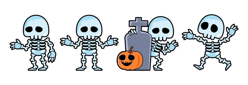 Set of cute Skeleton ghost cartoon characters . Halloween concept . Isolate.. Stock Illustration