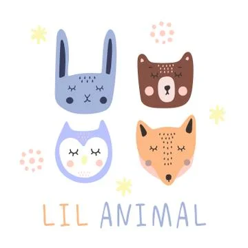 A set of cute sleeping animal faces isolated on a white background. Fox, rabbit Illustrazione stock