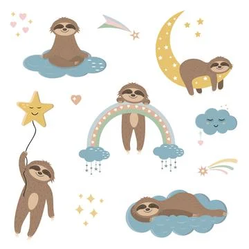 Set of cute sleeping Leninists on the moon, on a cloud, star, rainbow, isolat Stock Illustration