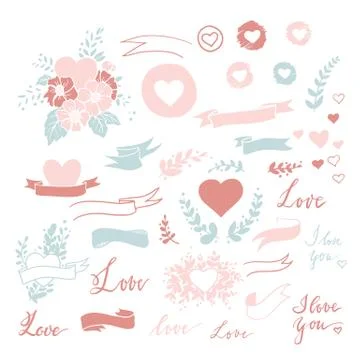 Set of cute small hand drawn hearts, ribbons, leaves and branches with love Stock Illustration