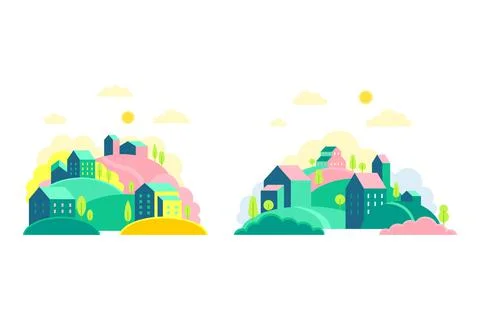 Set of cute small town scenes with hills and houses at day time vector Stock Illustration