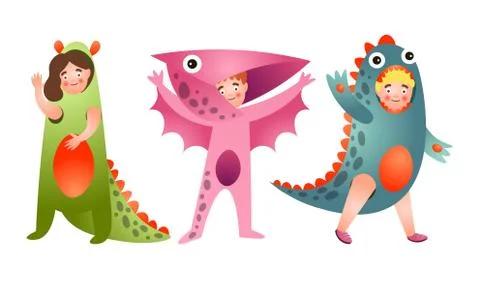 Set of cute smiling boys and girls in colorful dinosaur costumes.Vector Illustrazione stock