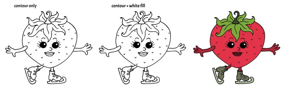 Set of cute smiling hand drawn ice skating kawaii strawberries.  Stock Illustration