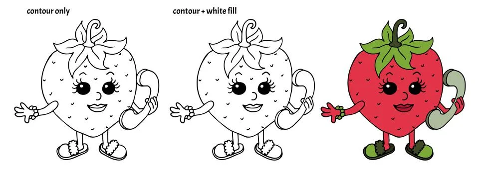 Set of cute smiling hand drawn strawberries with phone and slippers Stock Illustration