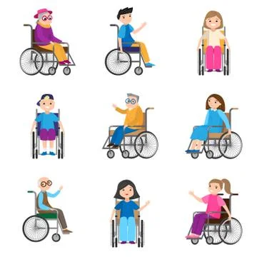 Set of cute smiling persons with motion disability in wheelchairs Stock Illustration