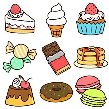 Set of cute snacks and sweets with outlines Stock Illustration