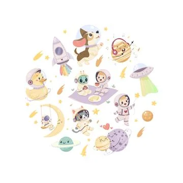 A set of cute space illustrations. Astronauts, rocket, cute cat and dog, du.. Stock Illustration