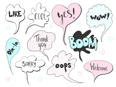 Set of cute speech bubble with text in doodle style Stock Illustration